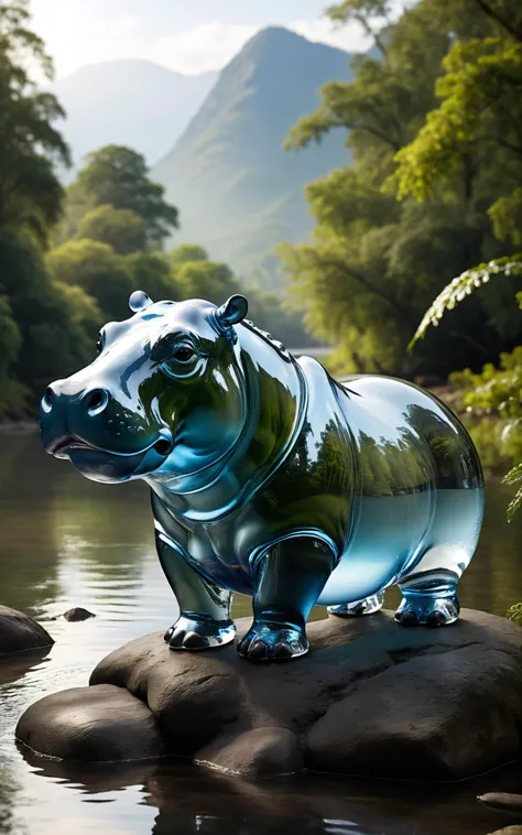 A formidable hippopotamus sculpture, shaped from soft clear translucent glass, is depicted lounging in a real river setting. The hippos bulky glass form contrasts with the gentle flow of the river, creating a striking juxtaposition. Its wide-open mouth, de...