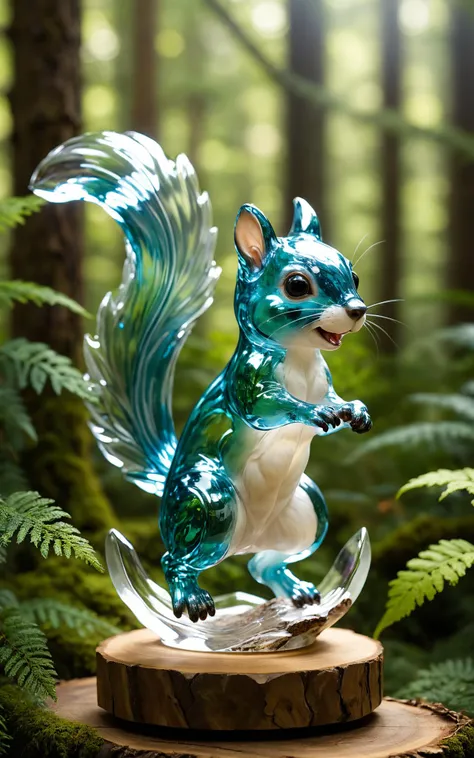 A nimble squirrel sculpture, fashioned from clear, transparent glass, is depicted in mid-leap among a real forest setting. The squirrels dynamic posture, with its bushy tail and alert eyes, is perfectly captured in glass, creating a lively and realistic po...