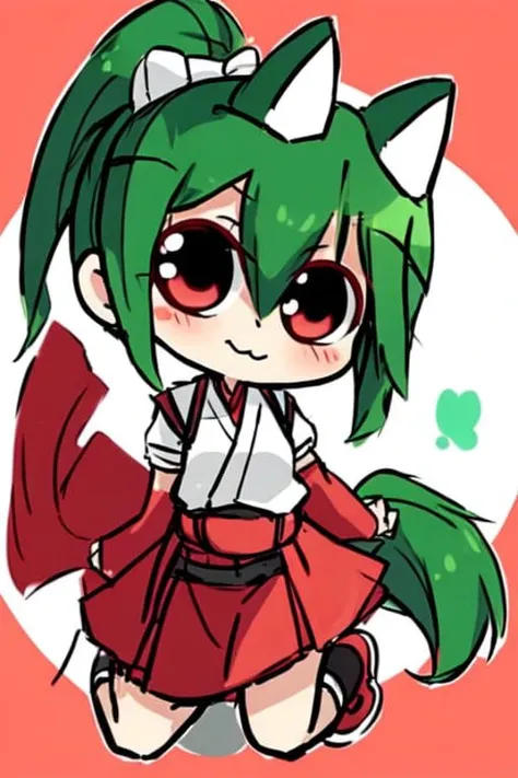 a drawing of a girl with green hair and a red dress