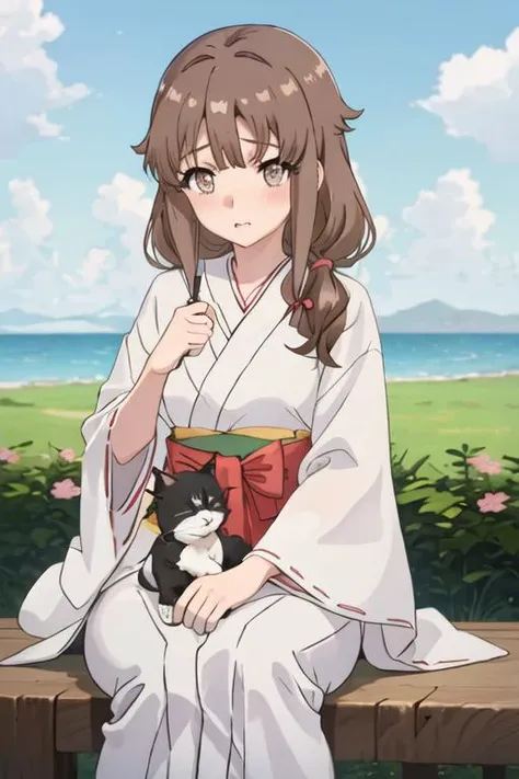 best quality, masterpiece, highres, solo, {white kimono:1.35}, {red hakama:1.35}, {wide sleeves:1.20}, {azusagawa_kaede_seishunbutayarou:1.15}, brown_hair, brown_eyes, bangs, long_hair, blush