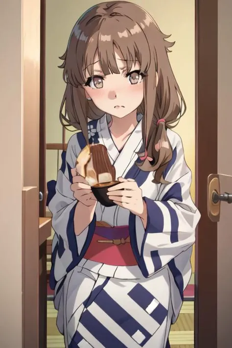 best quality, masterpiece, highres, solo, {yukata:1.40}, {kimono:1.20}, {azusagawa_kaede_seishunbutayarou:1.15}, brown_hair, brown_eyes, bangs, long_hair, blush