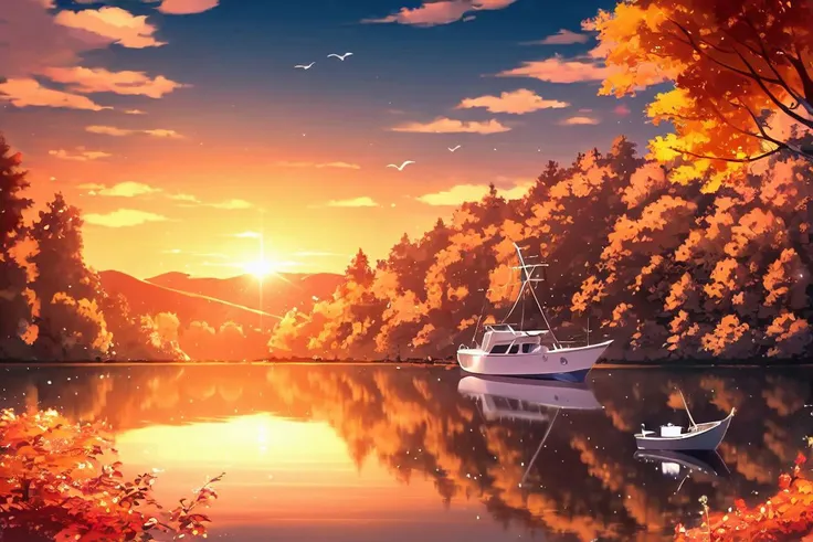 <lora:raptor7-80:1> , masterpiece,
raptor7,
landscape, no humans, lake, reflection, sun, rock, tree, clouds, sail boat, birds, autumn