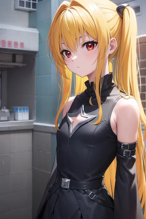 toloveruyami, <lora:toloveruyami-lora-nochekaiser:1>, 
yami, (yellow hair:1.5), long hair, (red eyes:1.5), hair ornament, (small chest:1.2), 
BREAK sleeveless, detached sleeves, dress, black dress, black skirt, clothing cutout, cleavage cutout,
BREAK outdo...