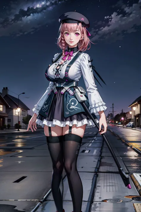 masterpiece, best quality, masterpiece, best quality, official art, extremely detailed CG unity 8k wallpaper, beautiful female, 1girl, ayla1, huge breasts, standing (straight-on:1.2), beret, pink hair, braided ponytail, long hair, side braid, pink eyes, de...