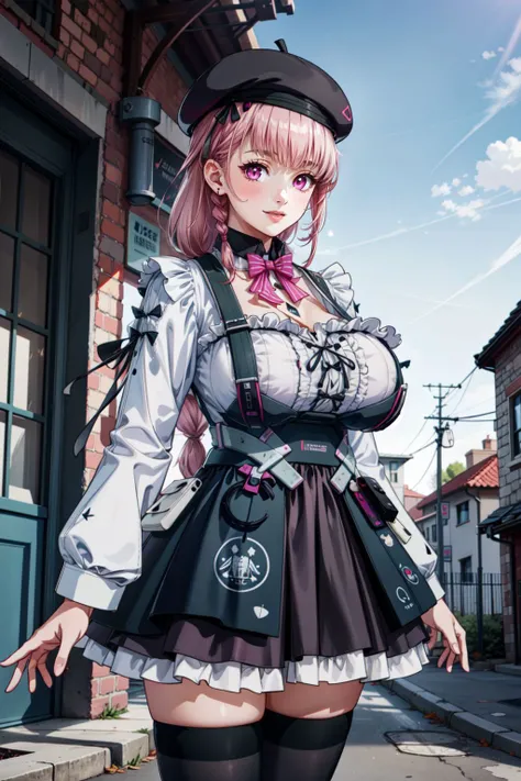 masterpiece, best quality, masterpiece, best quality, official art, extremely detailed CG unity 8k wallpaper, beautiful female, 1girl, ayla1, huge breasts, beret, pink hair, braided ponytail, long hair, side braid, pink eyes, detached collar, pink bowtie, ...