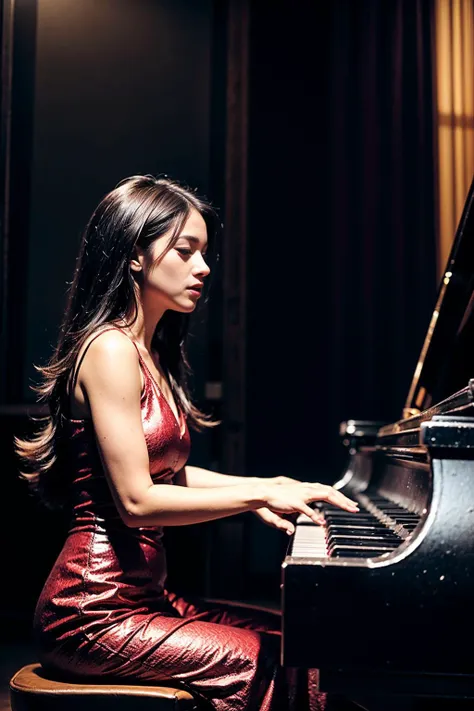 woman in red dress playing piano in dark room with light