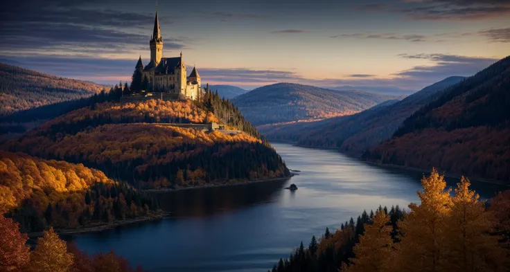 a large castle sitting on top of a mountain next to a lake