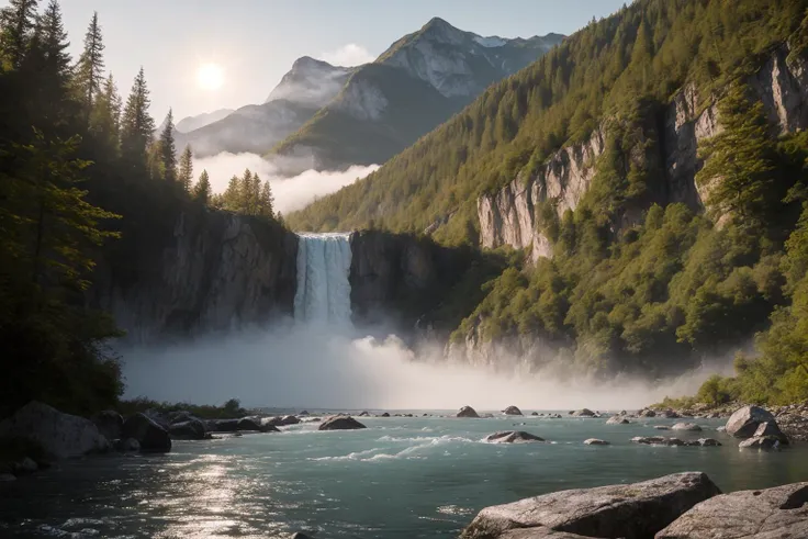 a view of a waterfall in the middle of a mountain with a sun shining