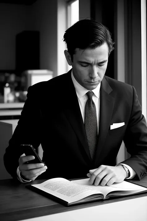 arafed man in a suit and tie sitting at a table with a cell phone and book