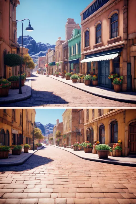 there are two pictures of a street with buildings and flowers