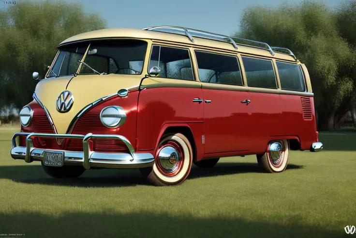 arafed red and tan vw bus parked in a field