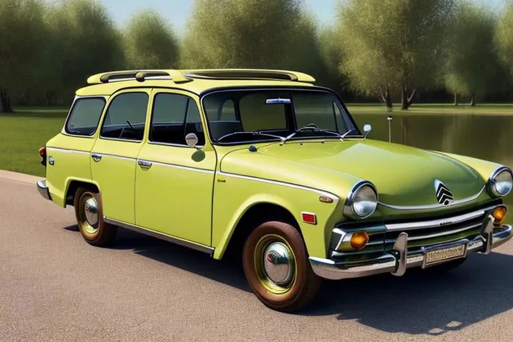 painting of a green car parked on a road next to a lake