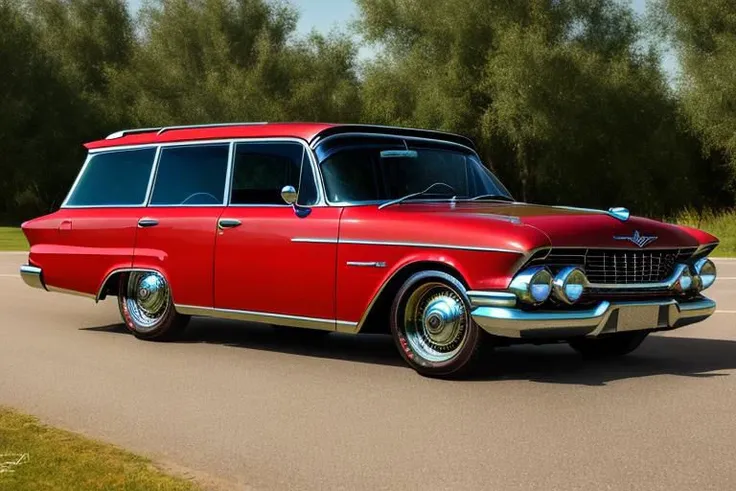 arafed red station wagon driving down a road next to a forest