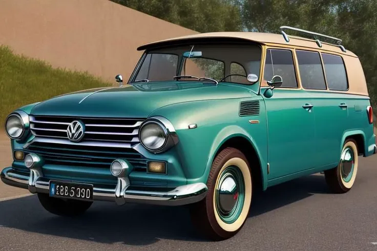 a close up of a green van driving down a street