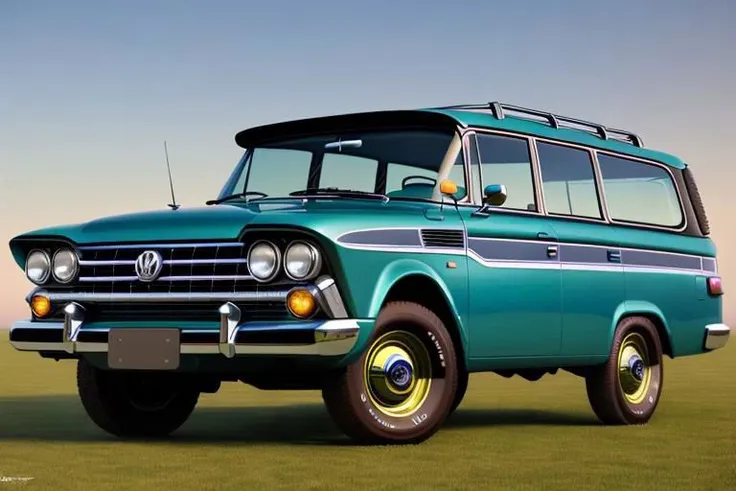 a close up of a green van parked on a field