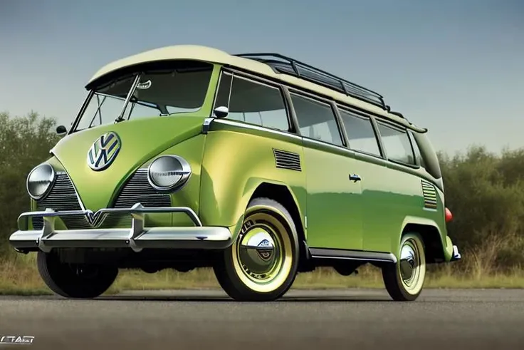 a close up of a green vw bus parked on a road