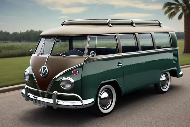 arafed green and brown vw bus driving down a road