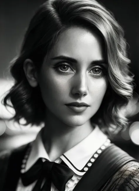 A 1930s professional photograph of sks woman, ((detailed face)), (High Detail), Sharp, 8k, ((bokeh)), <lora:locon_alisonbrie_v1_from_v1_64_32:1.3>