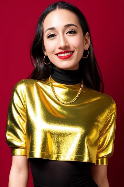 portrait of amia-4000, black turtleneck top, golden chain, smiling, red lips, slender body