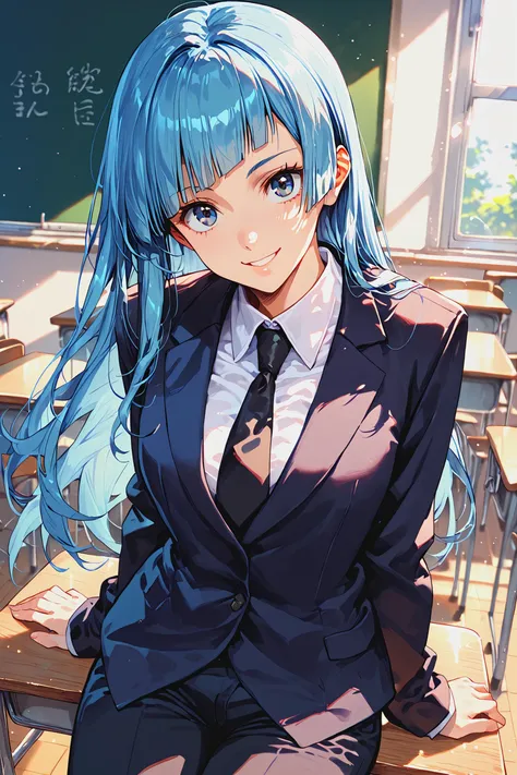 anime girl with blue hair sitting on a desk in a classroom