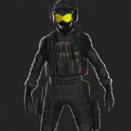 uniform, full body, tactical clothes, simple background, black background, goggles, bulletproof vest, headset, weapon, solo