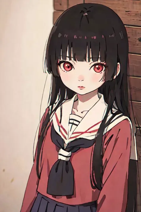 anime girl with long black hair and red eyes standing in front of a wooden wall