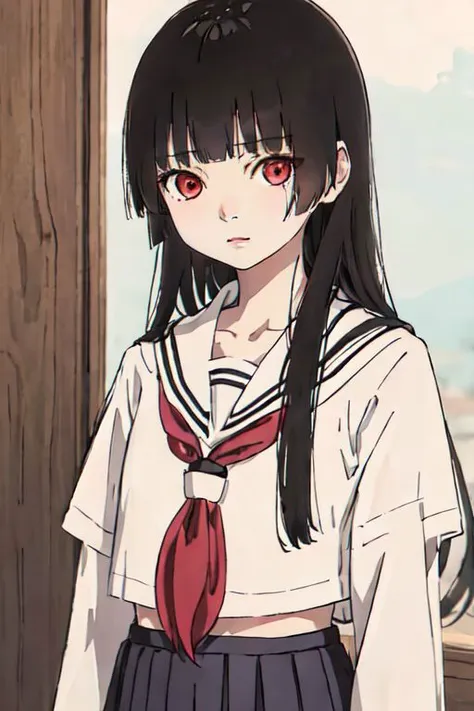 anime girl with long black hair wearing a white shirt and red tie