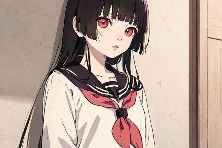 anime girl with long black hair and red eyes in a white shirt