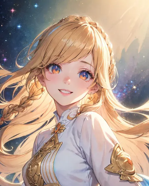 a girl with long blonde hair and blue eyes standing in front of a star filled sky