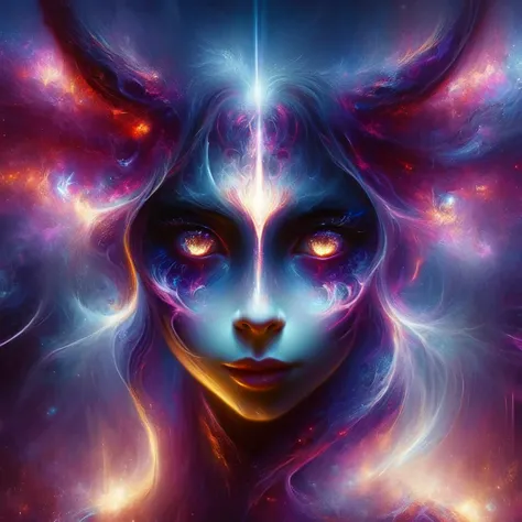 a woman with horns and glowing eyes in a space background