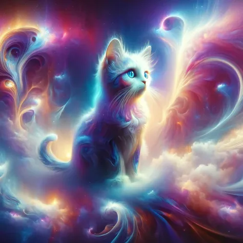 a cat sitting on top of a cloud covered sky next to a rainbow colored swirl