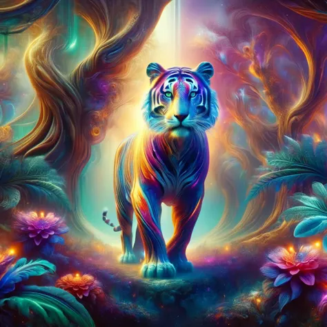 a tiger standing in the middle of a forest with flowers