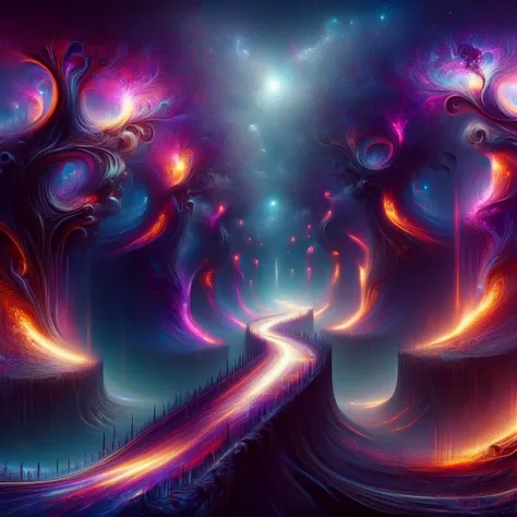 a painting of a road going through a tunnel with glowing lights