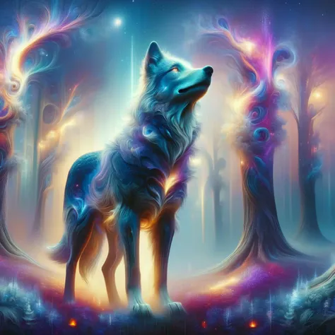 a wolf standing in the middle of a forest with glowing lights