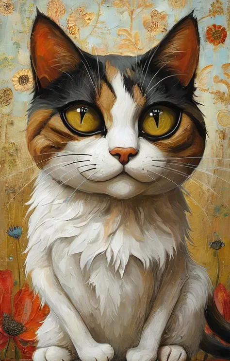 painting of a cat sitting on a floral background with a yellow eye