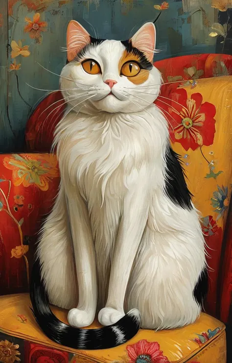 painting of a cat sitting on a chair with a flowered background