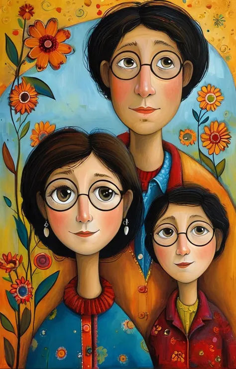 a painting of a woman and two children with flowers