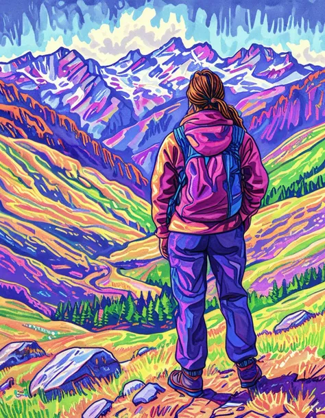 a painting of a woman standing on a mountain looking at the mountains