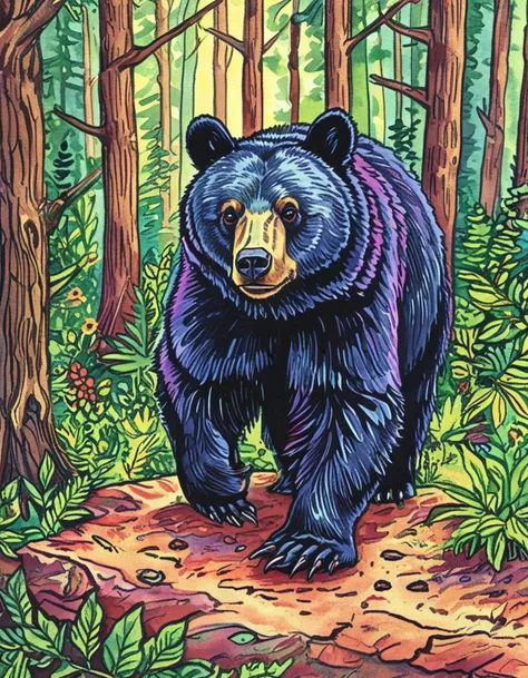 painting of a bear in the woods with trees and leaves