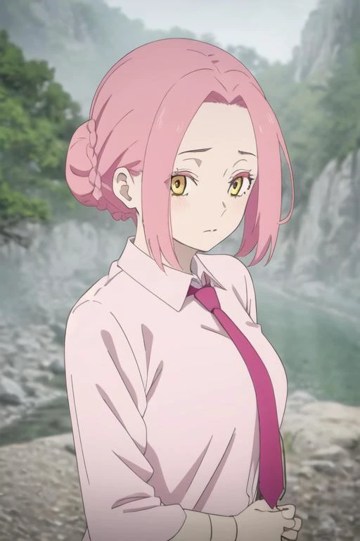 masterpiece, best quality, high quality, 1girl, solo, looking at viewer, upper body, <lora:mei:0.74>, mei, pink hair, braided bun, yellow eyes, , formal, necktie, dress shirt