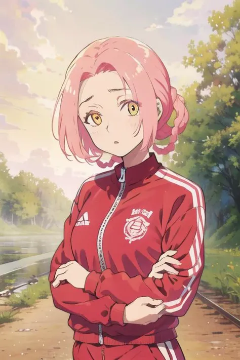 masterpiece, best quality, high quality, 1girl, solo, looking at viewer, upper body, <lora:mei:0.66>, mei, pink hair, , yellow eyes, , track suit