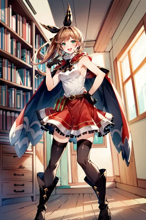 (masterpiece, best quality:1.5),<lyco:Clarisse-v2-000006:1>,Clarisse,green eyes,brown hair,blush,breasts,long hair,bangs,Clarissefire,skirt,thighhighs,gloves,ribbon,hair ribbon,ponytail,boots,frills,sleeveless,black gloves,belt,black thighhighs,cape,black ...