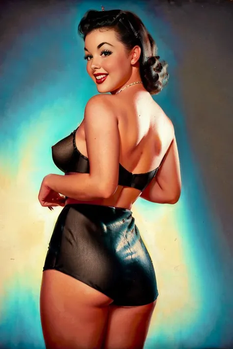 photorealistic, sharp, Pinup Girl, 1950s, <lora:pinup_girls_v1.0:0.8> woman posing for a picture in a lingerie ad, arms behind back, smiling, sexy, seductive