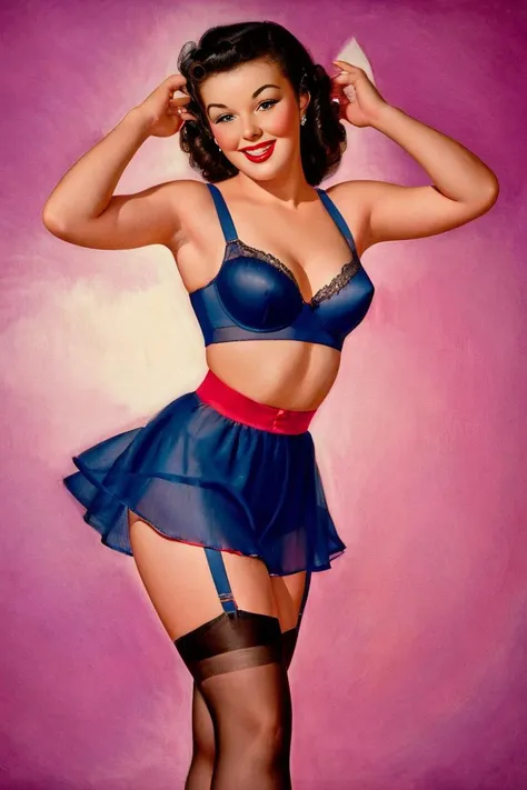 photorealistic, sharp, Pinup Girl, 1950s, <lora:pinup_girls_v1.0:0.8> woman posing for a picture in a lingerie ad, arms behind smiling, sexy, seductive