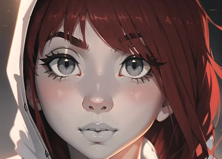 closeup photo, beautiful woman, (bright white lips:1.3), (small detailed eyes, pretty eyes, (bright grey eyes:1.25)), (dark ring around iris), (black winged eyeliner), (curly hair:1.2), (red hair:1.2), high cheekbones, (olive skin:1.15), petite nose, hoode...