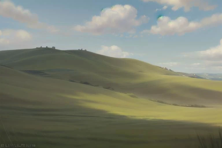 ((((landscape, nature, zero pictured, rolling hills, long grass, clouds, grass, prairie)))), ((by Pino Daeni, by Ruan Jia, by Fumiko, by Levelviolet, by Supplesee)), outside,