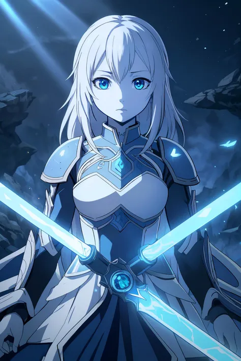 Saber, (crosseyed), fate (series), intricate, anime keyframe, beautiful young girl, looking at viewer, dramatic scene, cinematic lighting, wearing detailed white and blue armored dress, 
detailed anime face, aqua eyes,