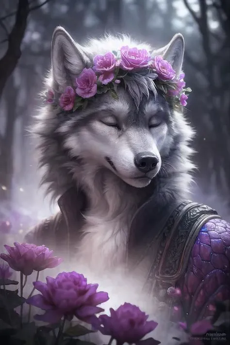 fog, light, dust, royal fractal, holographic cosmic flowers, flower crown, portrait, male, wolf, anthro, closed eyes, illustration, mixed technique by Pablo Amaringo "Merriam, Nikolina Petolas, Peter Grik, Dariusz Klimczak, surreal hallucinatory, intricate...