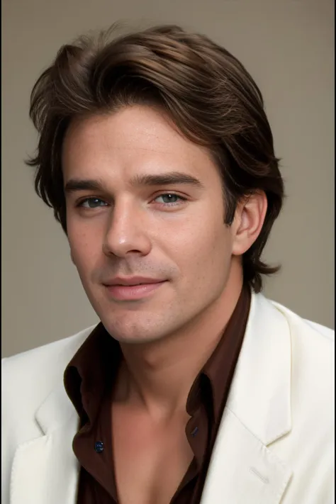 a close up of a man in a white suit and brown shirt