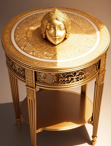 masterpiece, filigree, golden ratio, end table, (((feminine face))), bright colors, (two tone lighting), mini(ttp, white background:1.5)